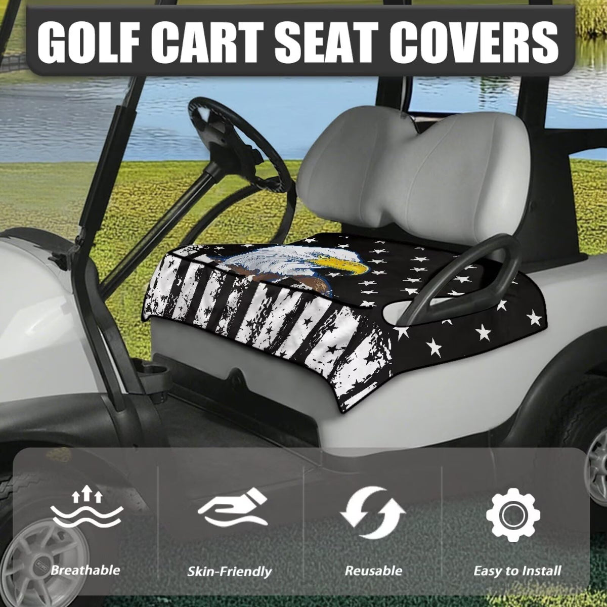 Easy one-step installation without tools on a golf cart seat.