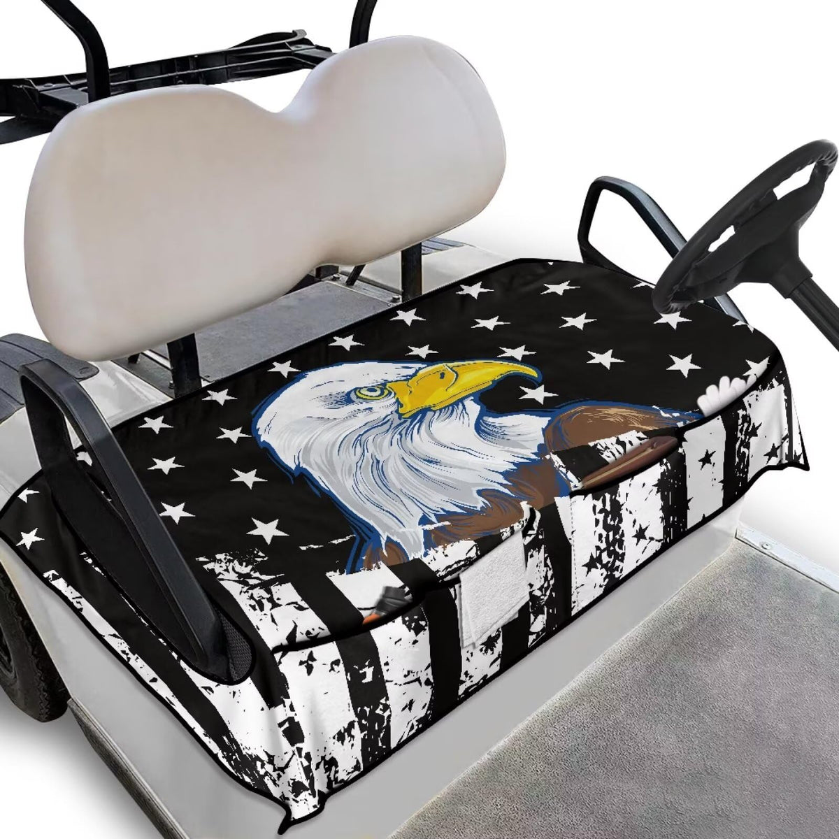 Yspwyqan Eagle Flag seat cover installed on a golf cart showing a secure fit.