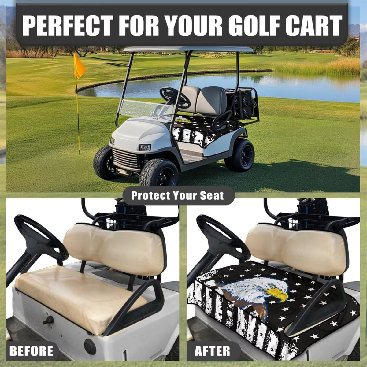 Universal-fit seat cover for EZGO, Yamaha, and Club Car ensuring secure protection.