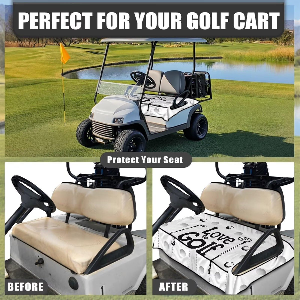 Yspwyqan Love Golf seat cover quick, tool-free installation on most golf carts.