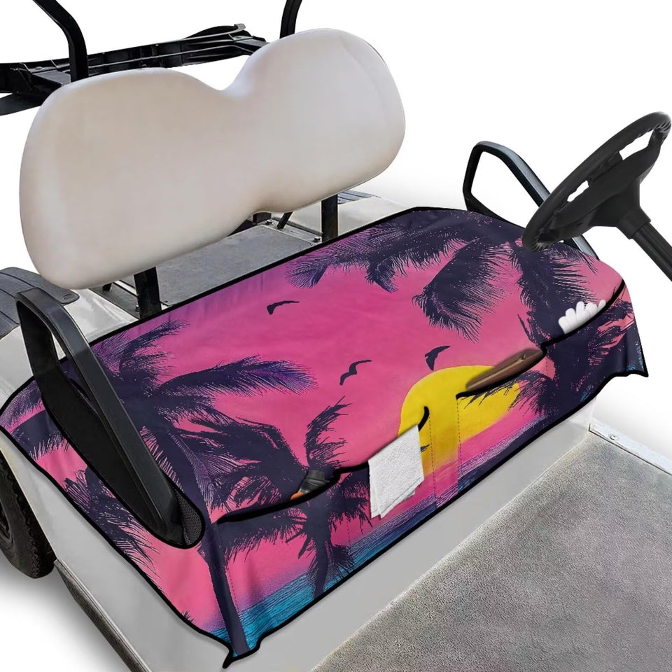 Yspwyqan palm tree seat cover on EZGO cart provides secure anti-slip protection.