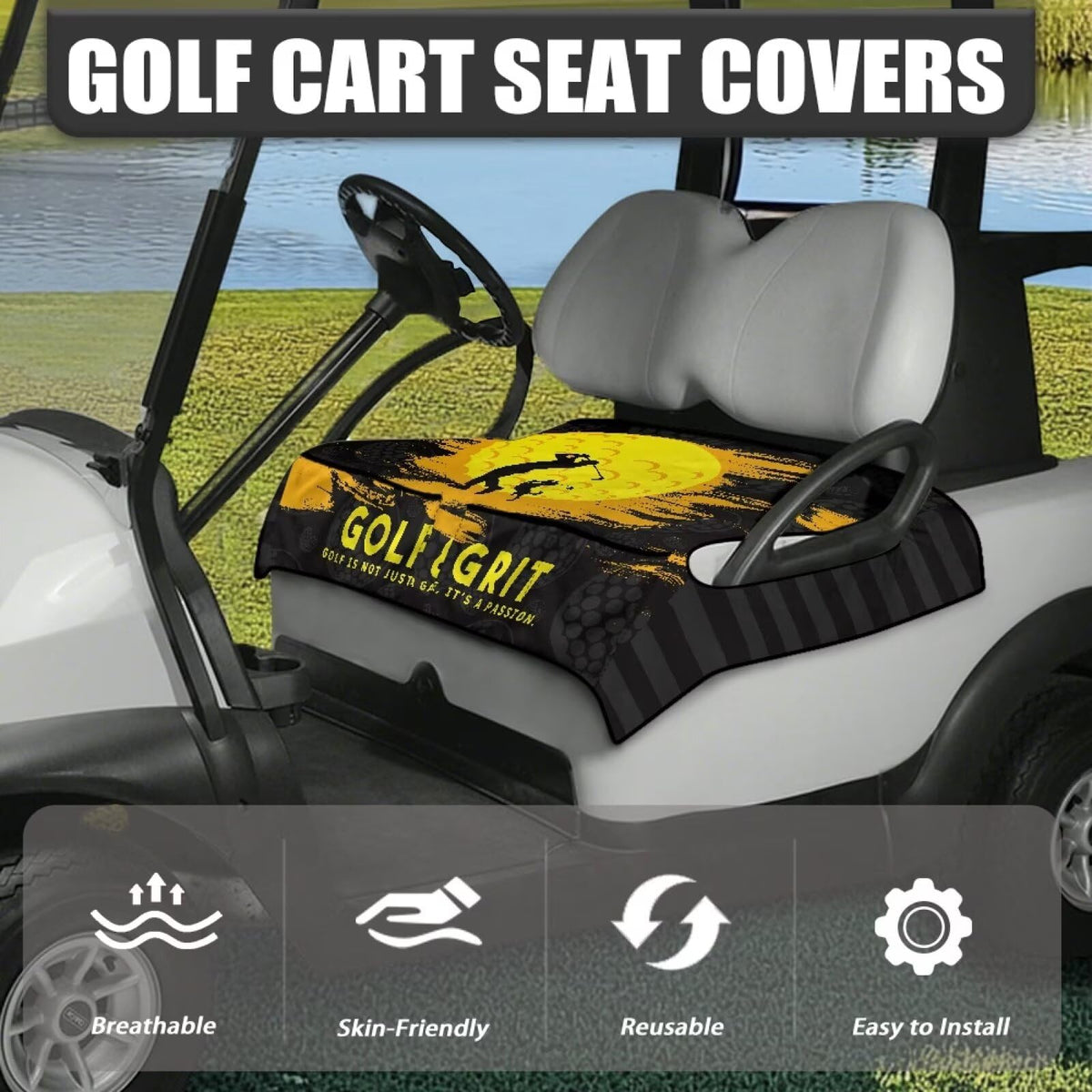 Yspwyqan universal-size seat cover fits most golf carts.