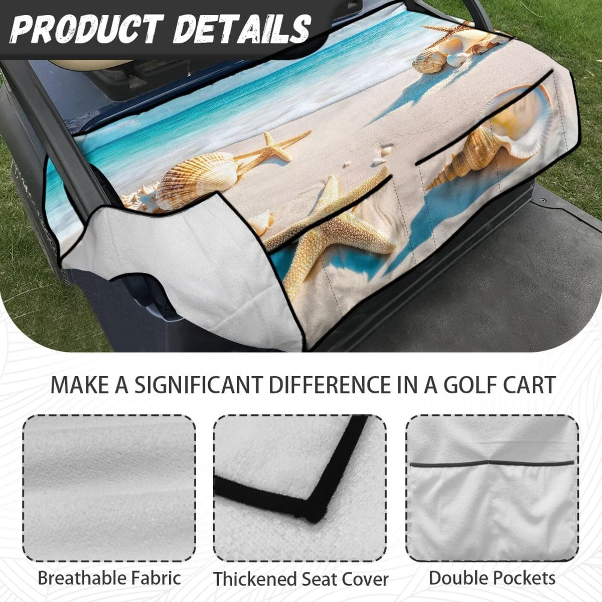 Yspwyqan Shell Starfish seat cover fits EZGO, Yamaha, and Club Car models.