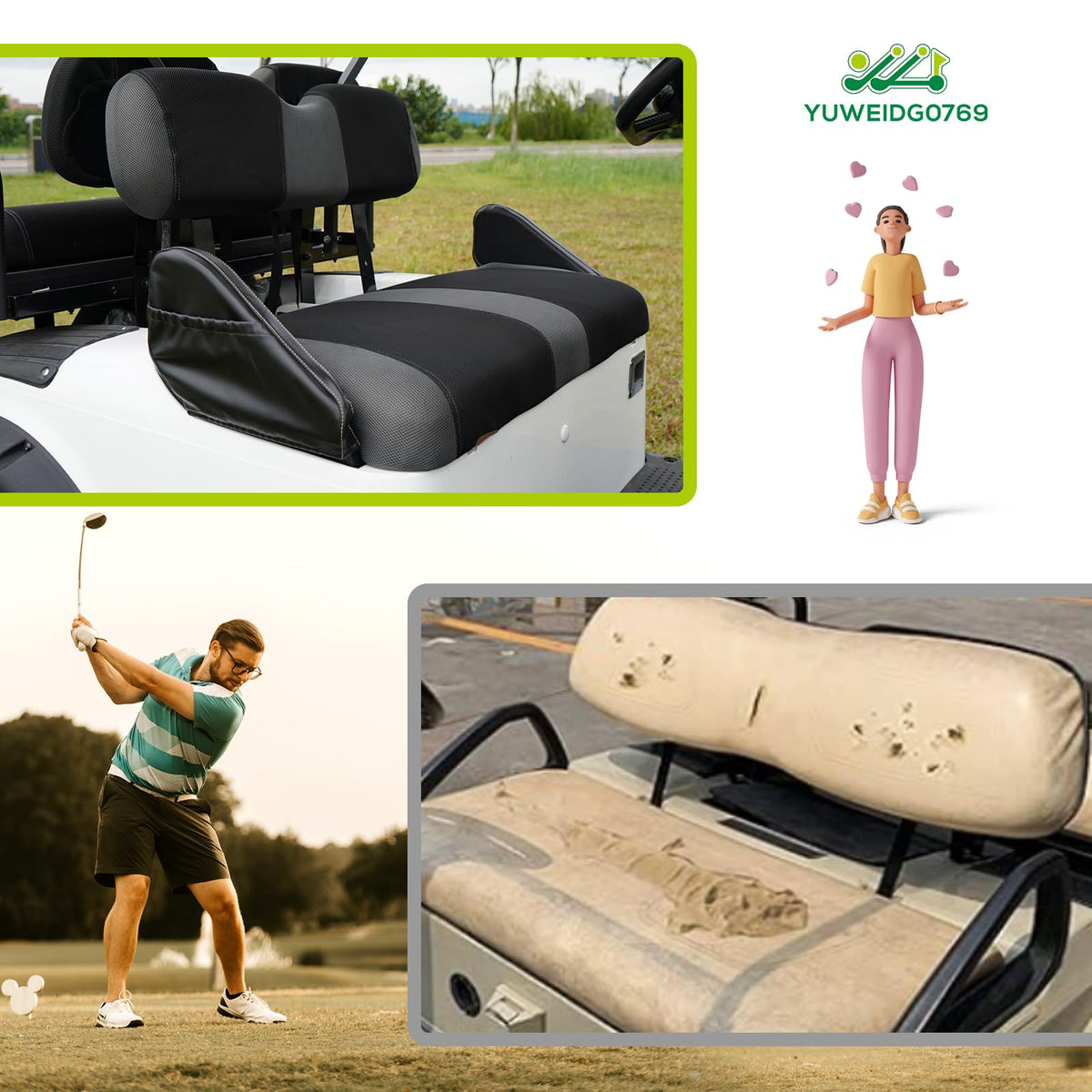 Fit diagram showing EZGO TXT cushion dimensions for YUWEIDG0769