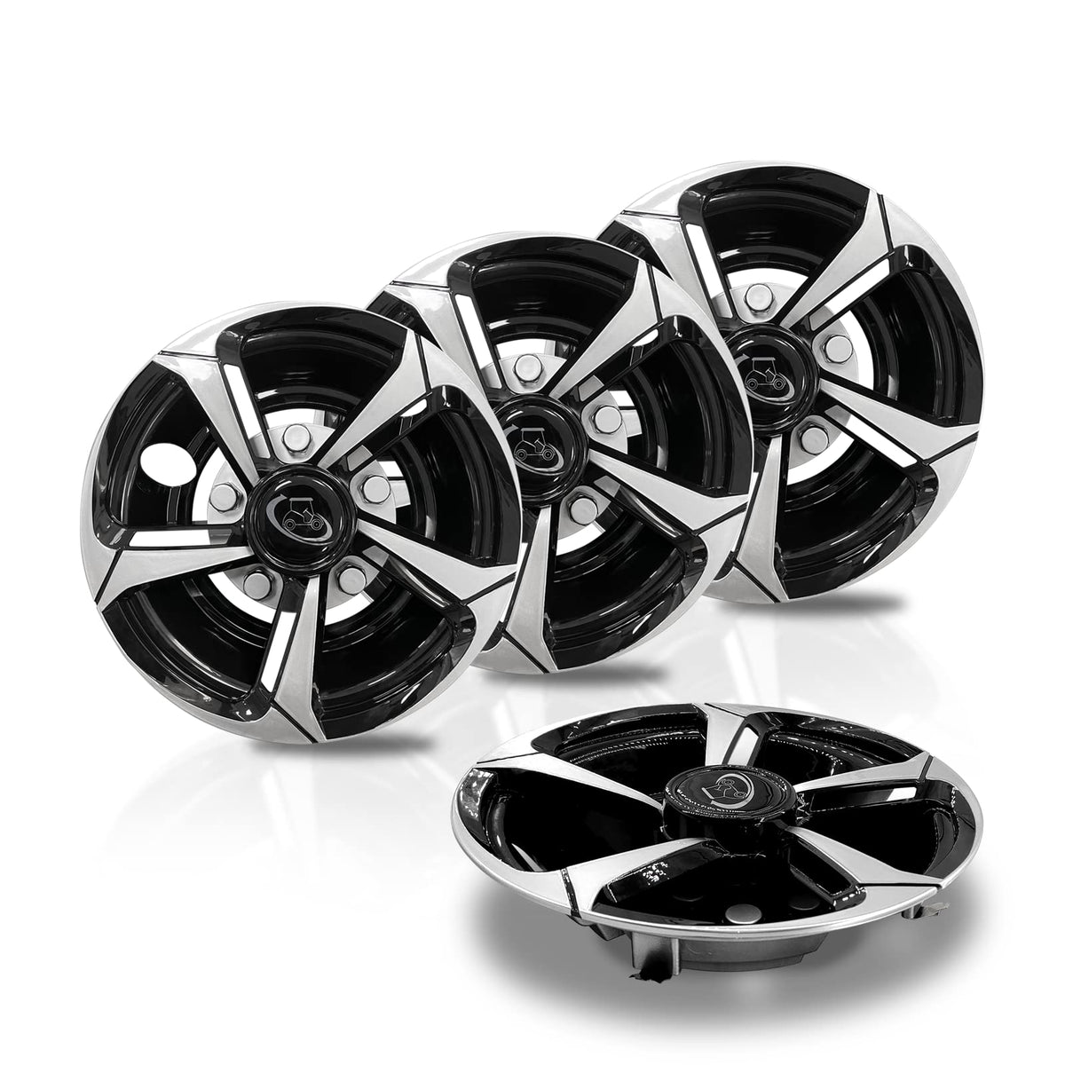 YUWEIDG0769 golf cart hub cap front view, 8-inch chrome finish; compatible with EZGO, Club Car, Yamaha.