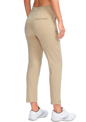YYV women's golf pants 4-pocket layout with a zippered thigh pocket