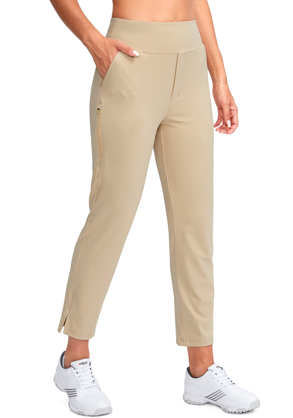 YYV women's golf pants stretch fabric close-up showing flexible material for moves