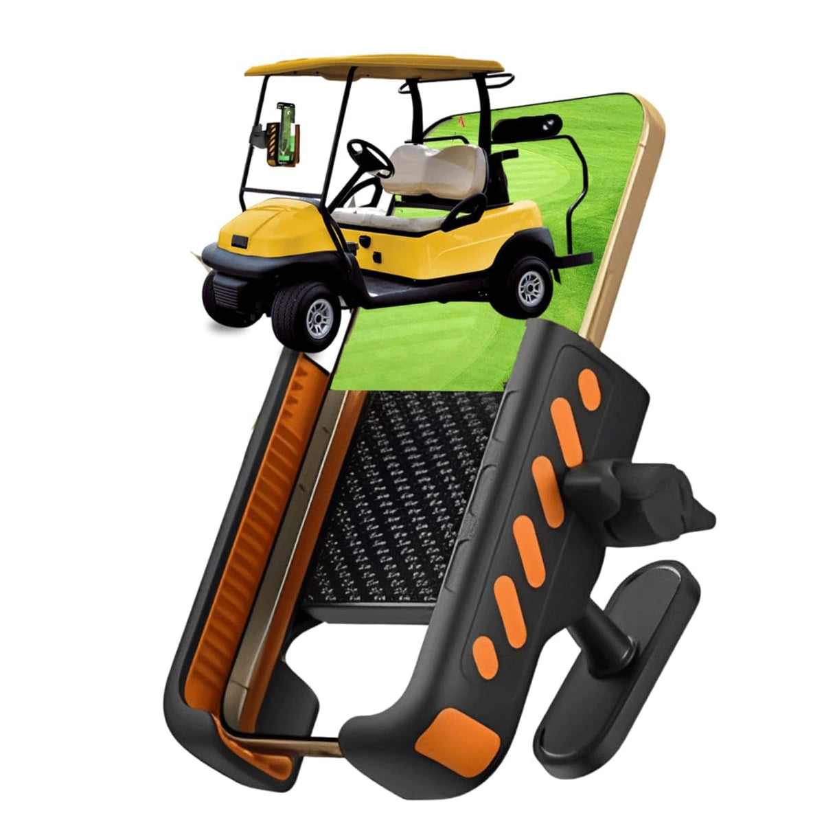 ZAHN SUPPLIES golf cart phone holder mounted on frame for secure grip on rough terrain.