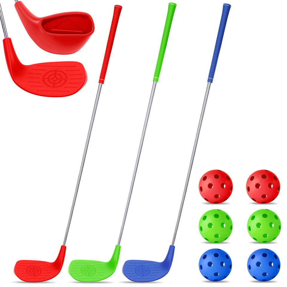 Zealor 3-pack 36-inch backyard golf clubs close-up with color variety for family practice.