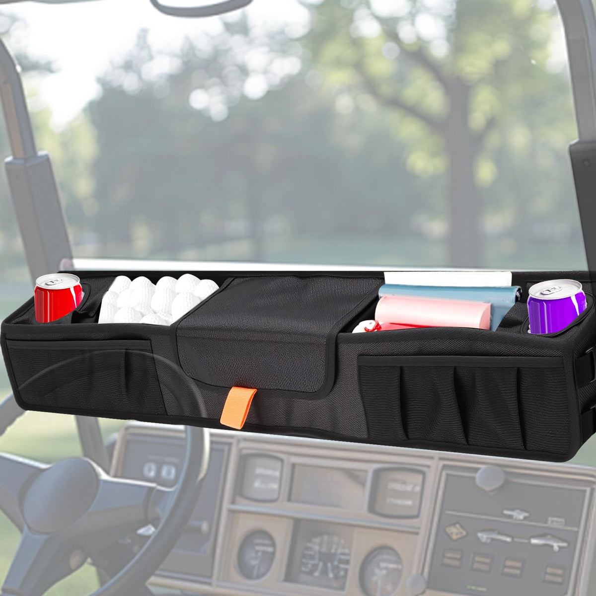 ZEMBSOYA front storage basket on a golf cart keeps essentials within reach.