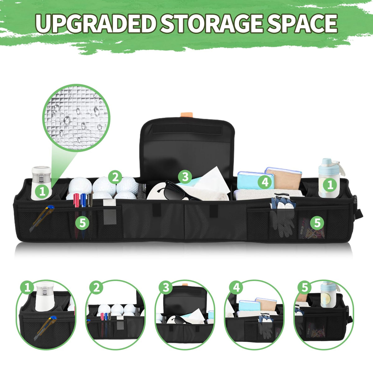 ZEMBSOYA organizer with insulated cup holders keeps drinks cool.