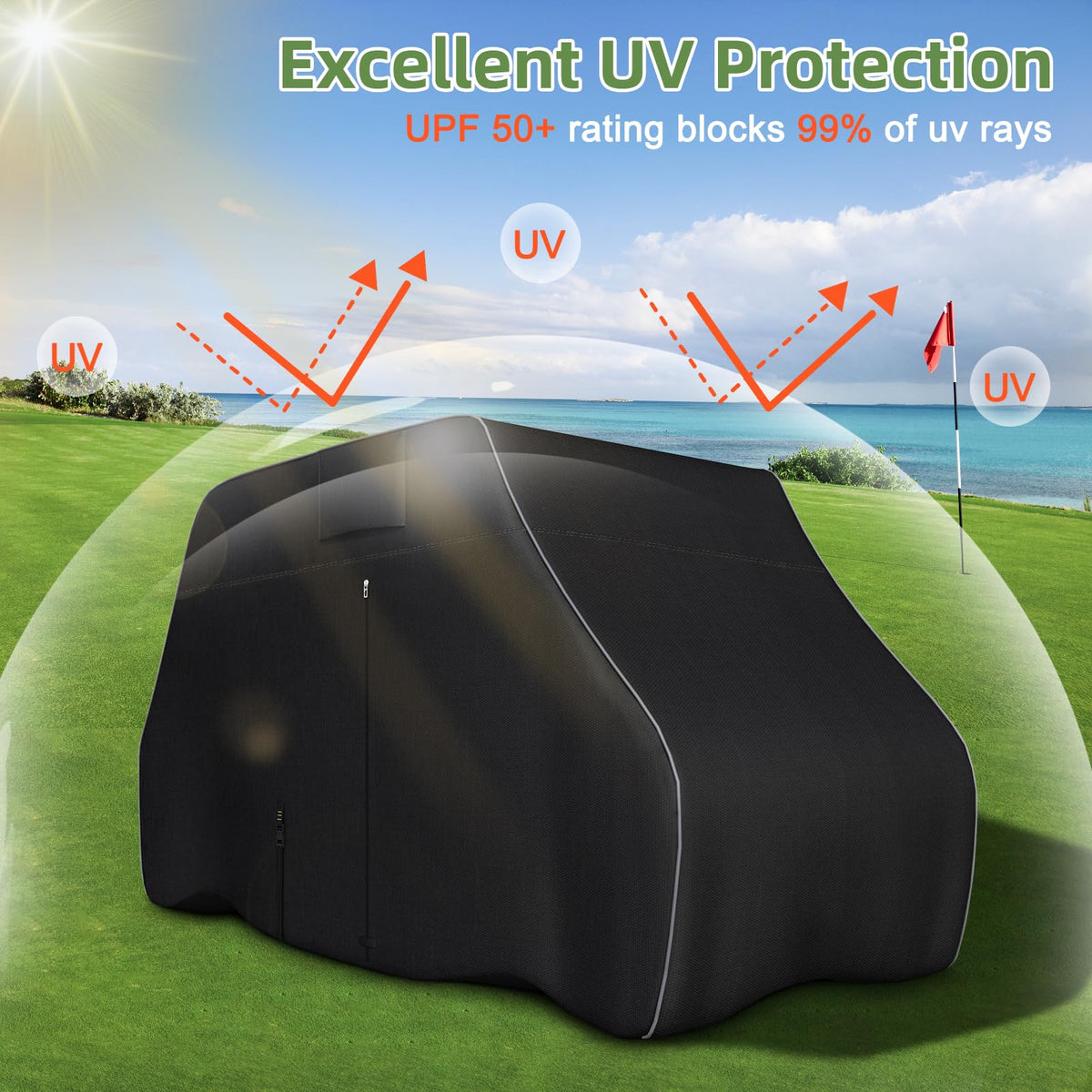 Zenicham golf cart cover shows reflective strips for better night visibility.