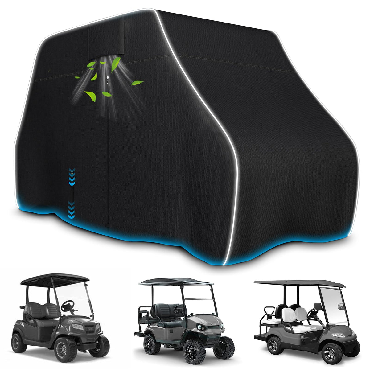Zenicham waterproof golf cart cover protects against rain and sun.