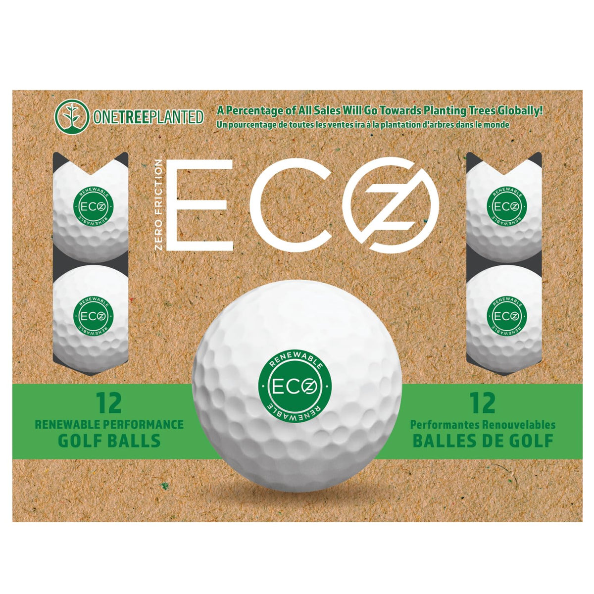 Zero Friction Eco Z golf ball front view showing two-piece construction for maximum distance