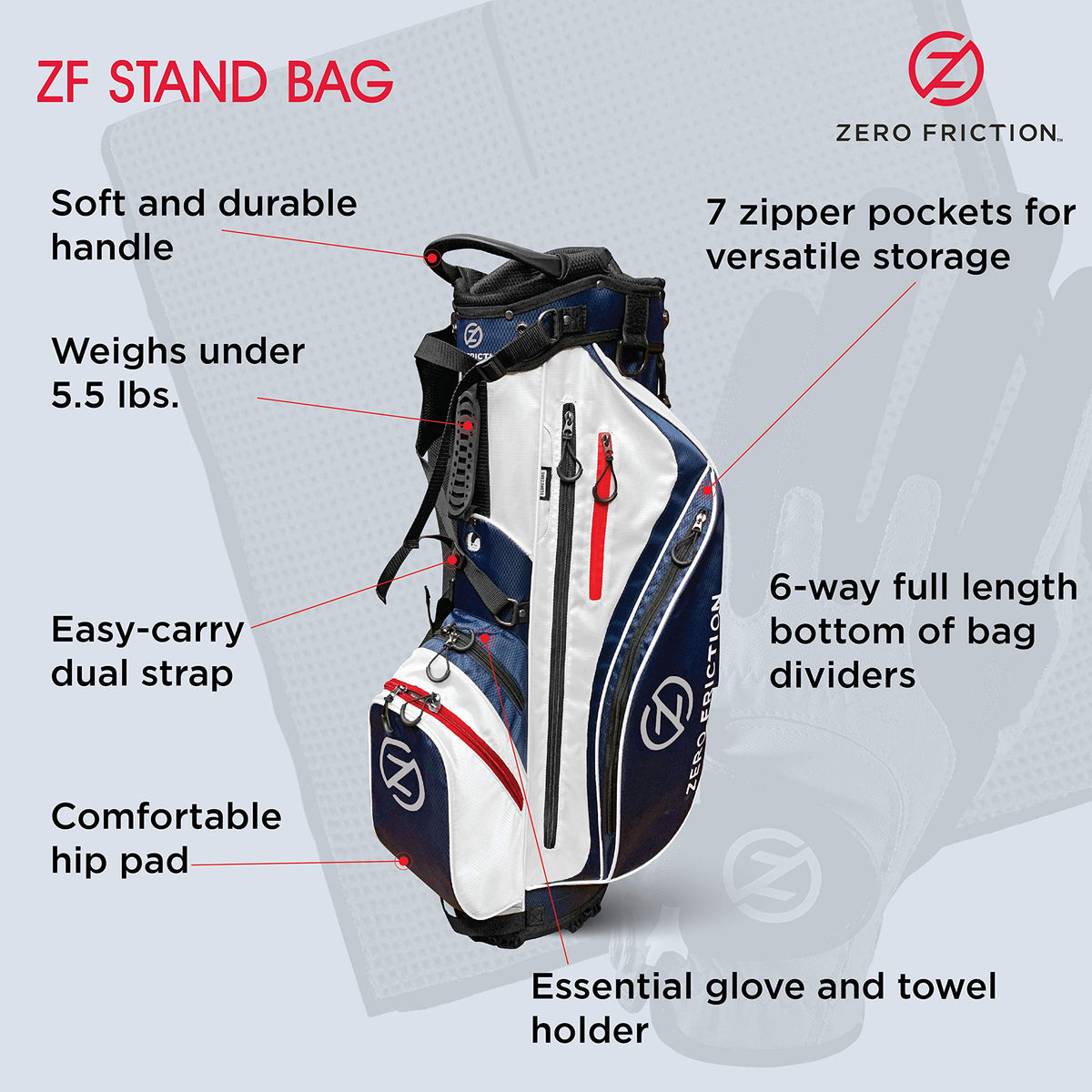 Zero Friction Navy stand bag hip pad enhances comfort during rounds