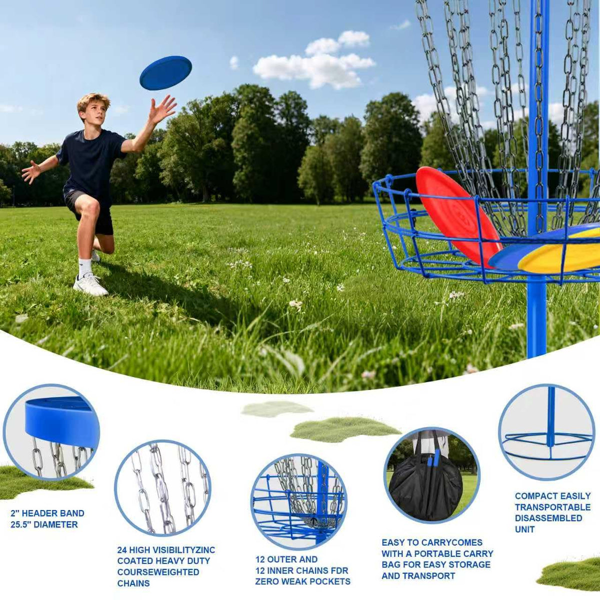 ZestOut competition-spec basket highlights 24-chains for disc retrieval consistency.