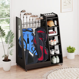 Zevemomo easy-assembly golf rack shown with simple setup steps