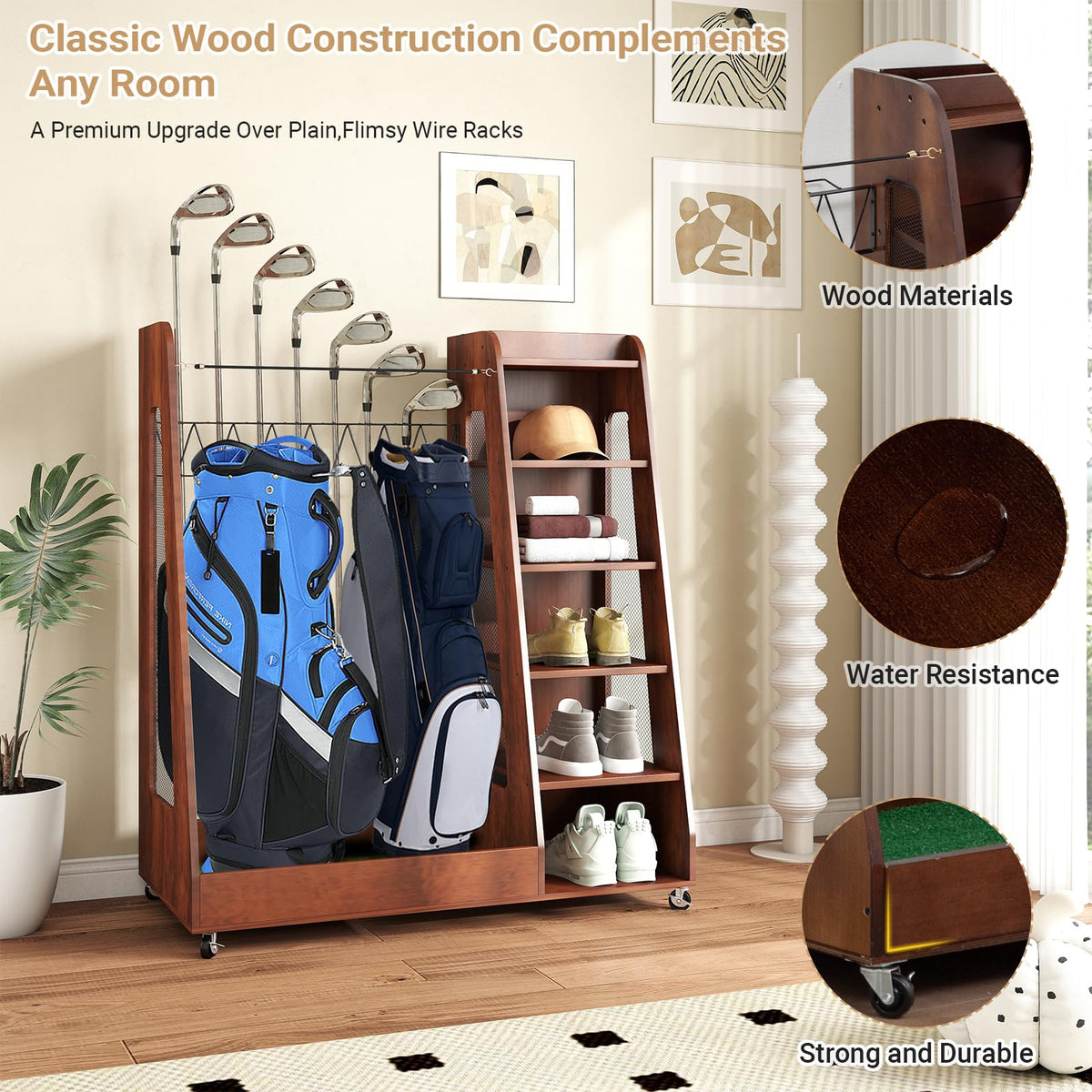 Zevemomo golf bag storage rack with wheels enables smooth relocation