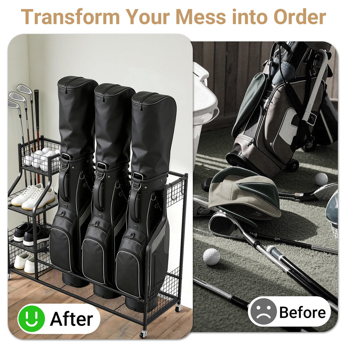 Zevemomo golf equipment storage rack in the garage keeps bags and clubs neatly arranged.