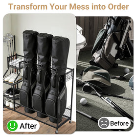 Zevemomo golf equipment storage rack in the garage keeps bags and clubs neatly arranged.