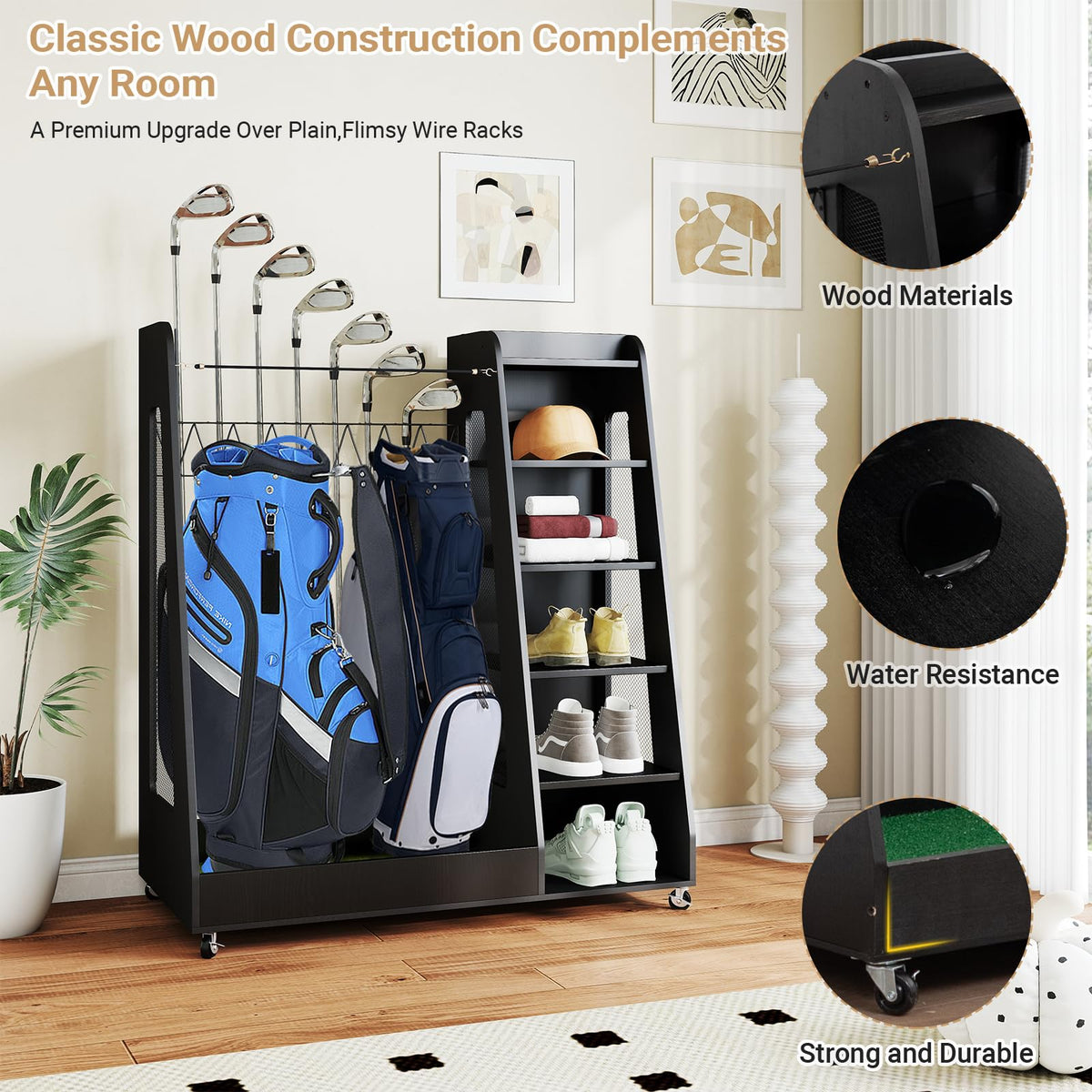 Zevemomo golf storage rack with wheels for easy garage relocation