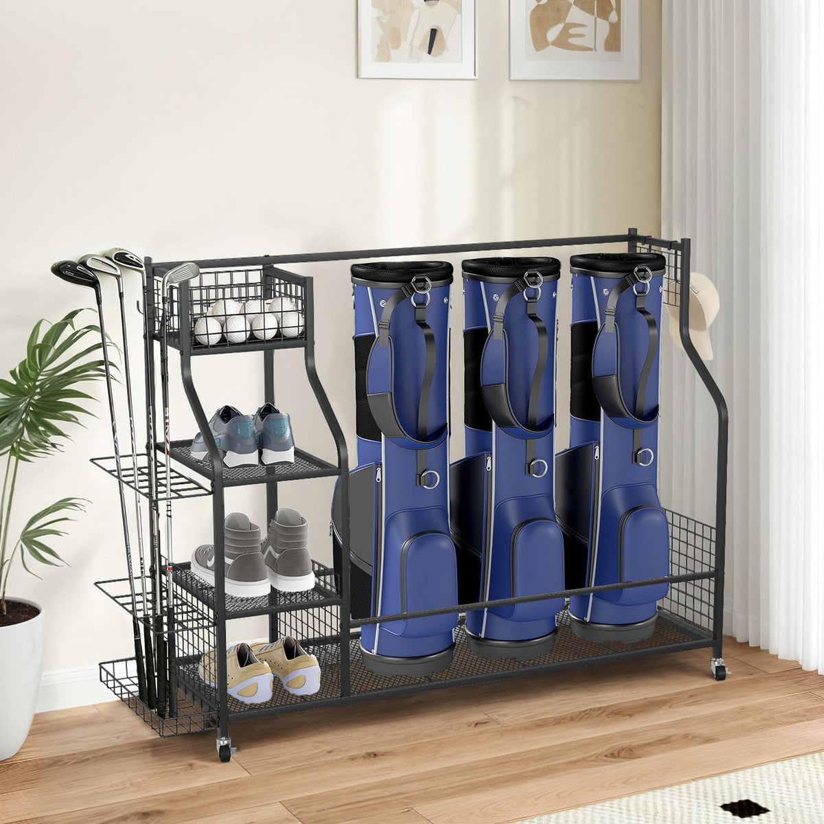 Zevemomo metal golf bag storage organizer with wheels for easy garage organization.