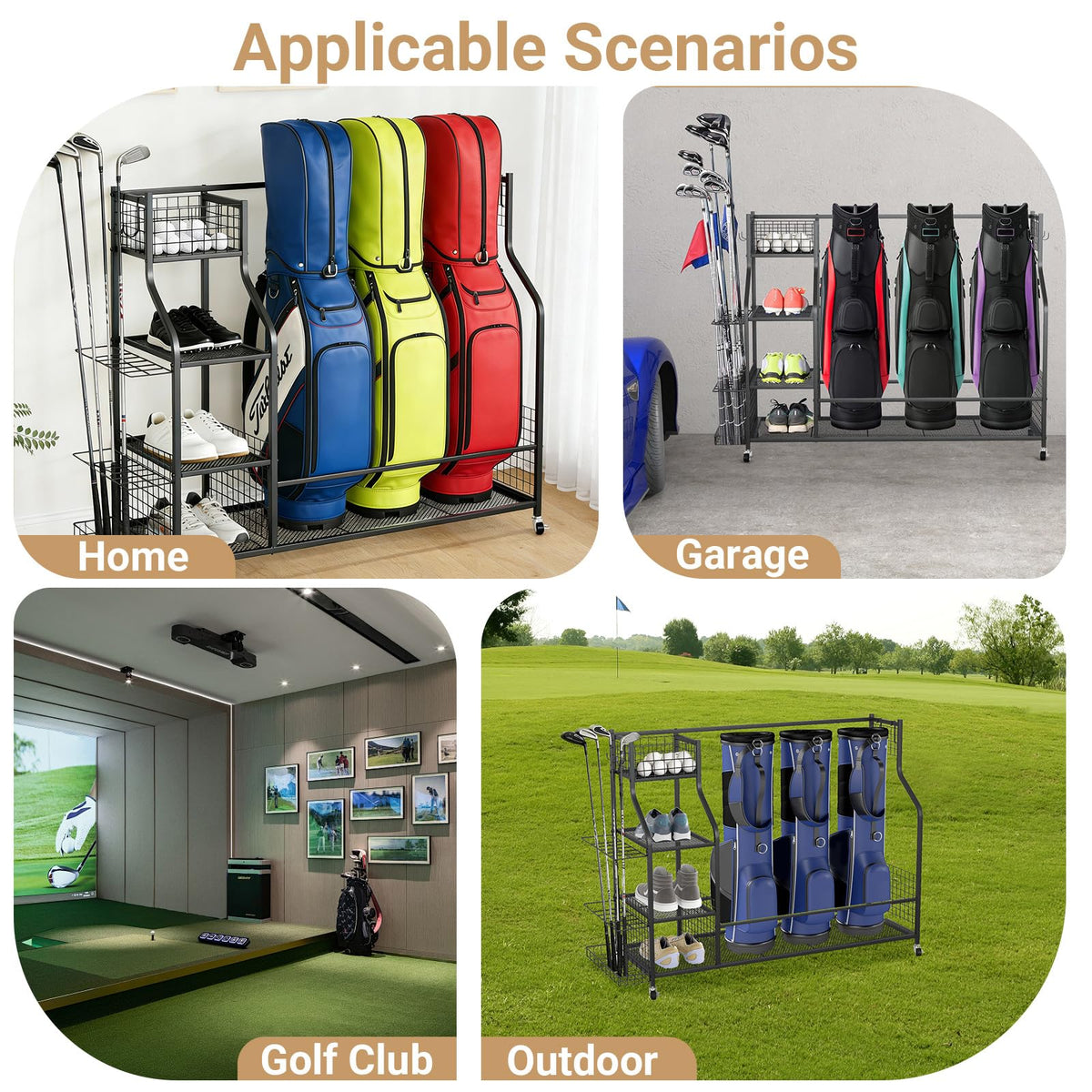Zevemomo golf rack side hooks provide extra space for hats or gloves.
