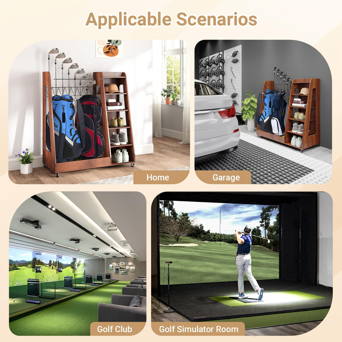 Zevemomo two-bag storage stand keeps clubs and shoes neatly stored