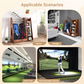 Zevemomo two-bag storage stand keeps clubs and shoes neatly stored