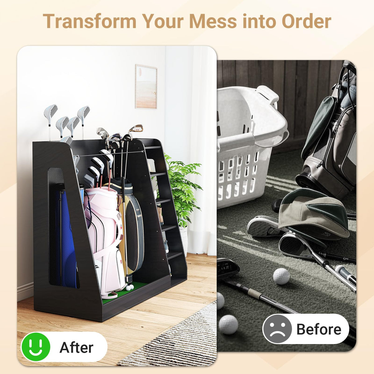 Zevemomo wooden golf bag organizer dimensions highlight capacity for three bags and gear.