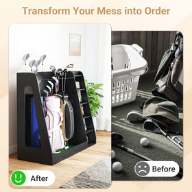 Zevemomo wooden golf bag organizer dimensions highlight capacity for three bags and gear.