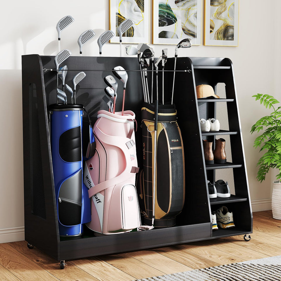 Zevemomo wooden golf bag organizer front view showcases sturdy wood and tidy storage.
