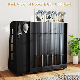 Zevemomo wooden golf bag organizer in a garage setup keeps equipment organized and accessible.
