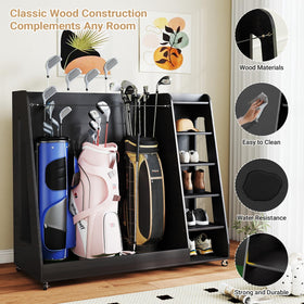 Zevemomo wooden golf bag organizer wheeled system enables easy mobility and placement.