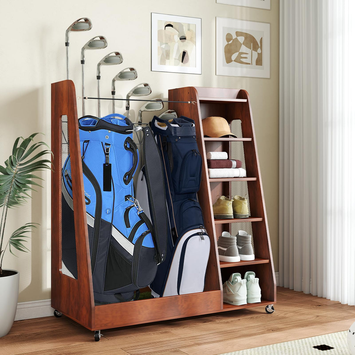 Zevemomo wooden golf bag storage rack for garage organization and easy access