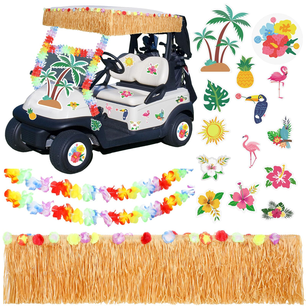 Zeyune Hawaiian Luau grass fringe banner on a golf cart for tropical flair