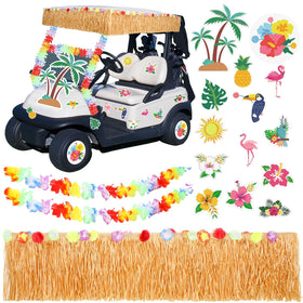 Zeyune Hawaiian Luau grass fringe banner on a golf cart for tropical flair