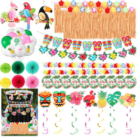 Zeyune luau grass table skirt enhances beach party table setup.