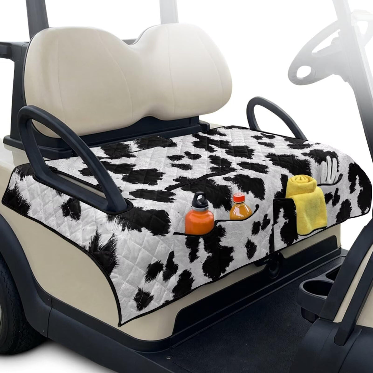 ZIATUBLES cow print golf cart seat cover foldable design for easy transport.