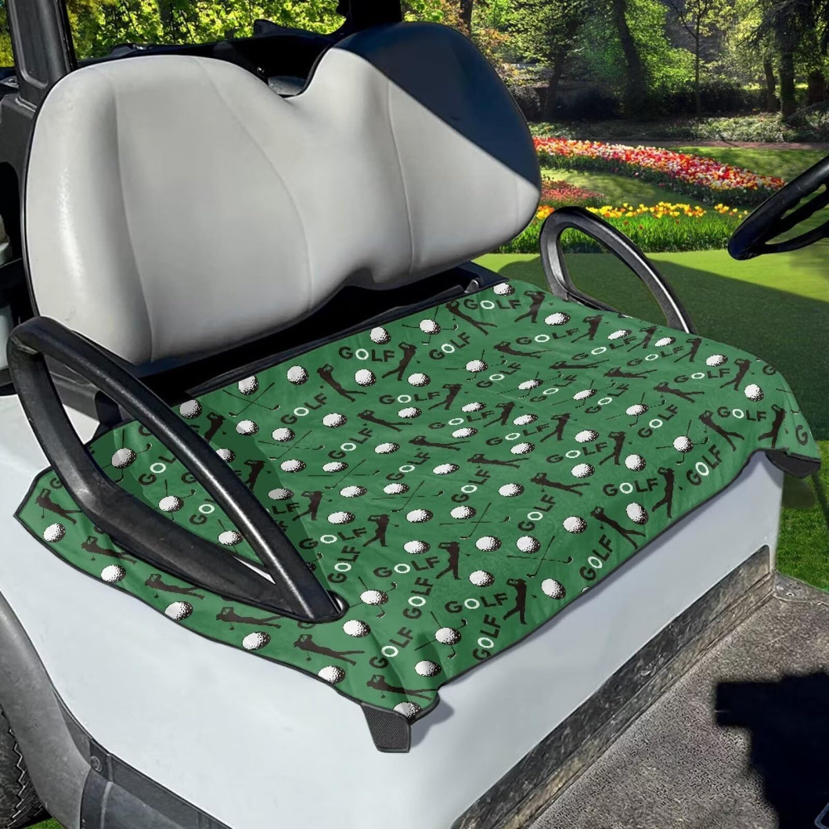 ZIATUBLES golf-pattern universal-fit seat cover on cart protects seats.