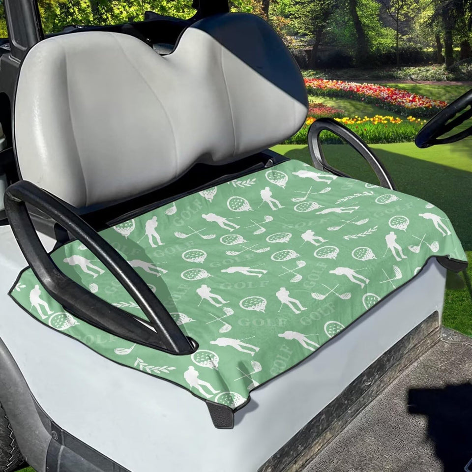 ZIATUBLES green golf print seat cover on a club car seat for stylish protection