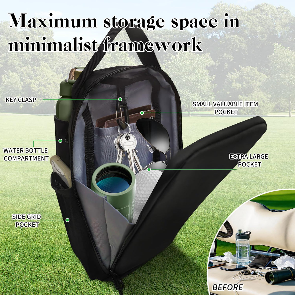 ZIORS multi-pocket storage for phone and essentials on course