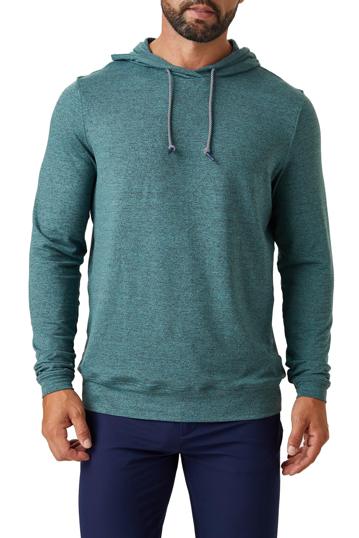 ZIRE Golf Men's Performance Hoodie front view shows streamlined silhouette for on-course comfort.