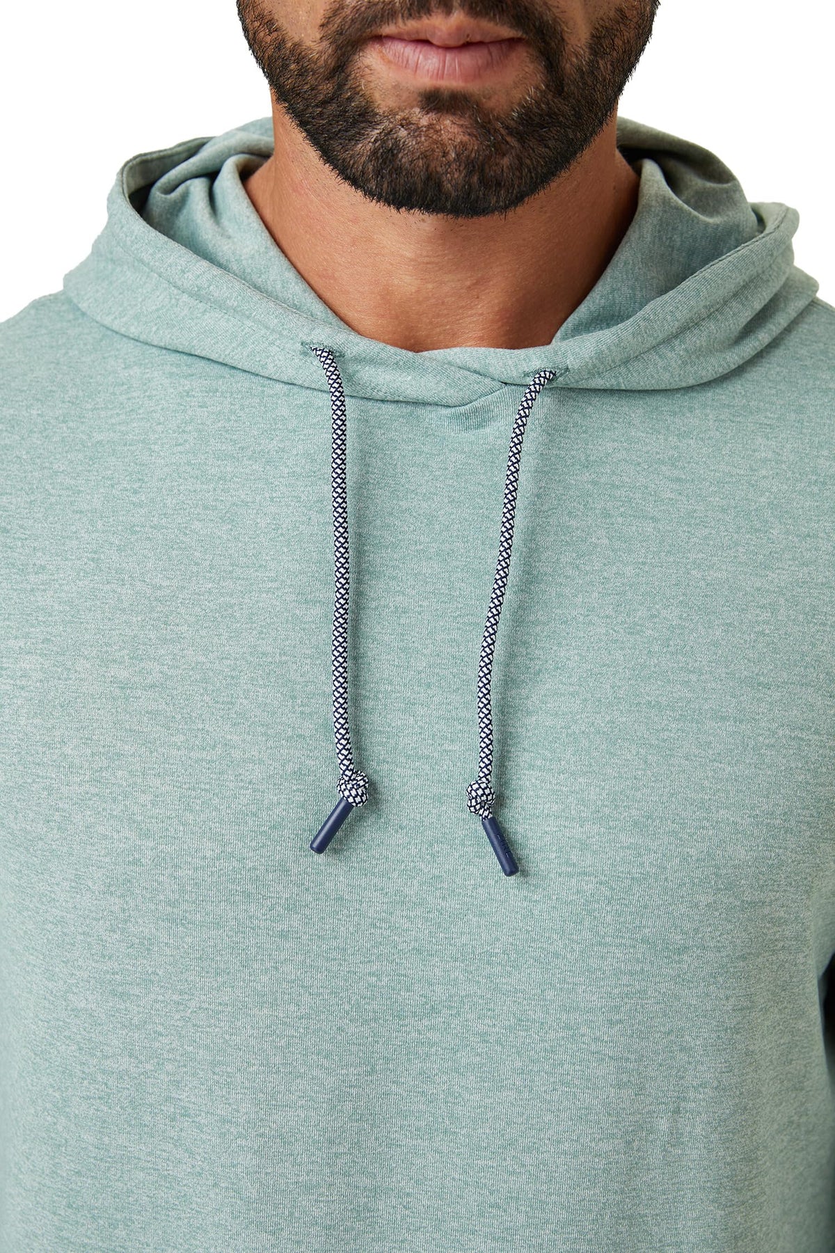 ZIRE Golf Men's Performance Hoodie side stretch shot illustrating four-way stretch for range of motion.