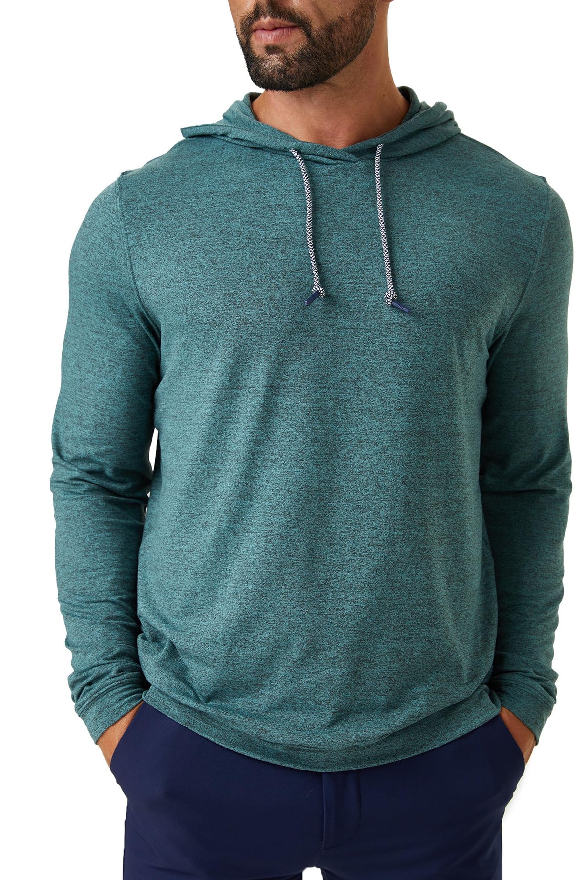 ZIRE Golf Men's Performance Hoodie side view highlights flexible four-way stretch during movement.