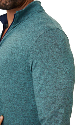 ZIRE Golf performance quarter zip pullover fabric texture close-up emphasizing soft tagless interior for irritation-free wear