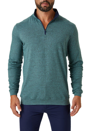 ZIRE Golf men's performance quarter zip pullover front view showing breathable four-way stretch for on-course comfort