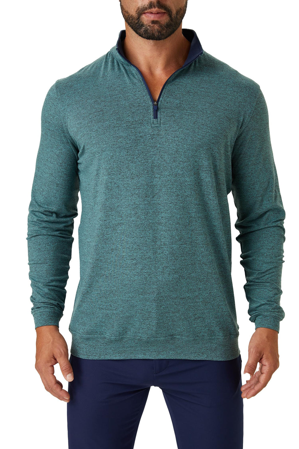 ZIRE Golf men's performance quarter zip pullover front view showing breathable four-way stretch for on-course comfort