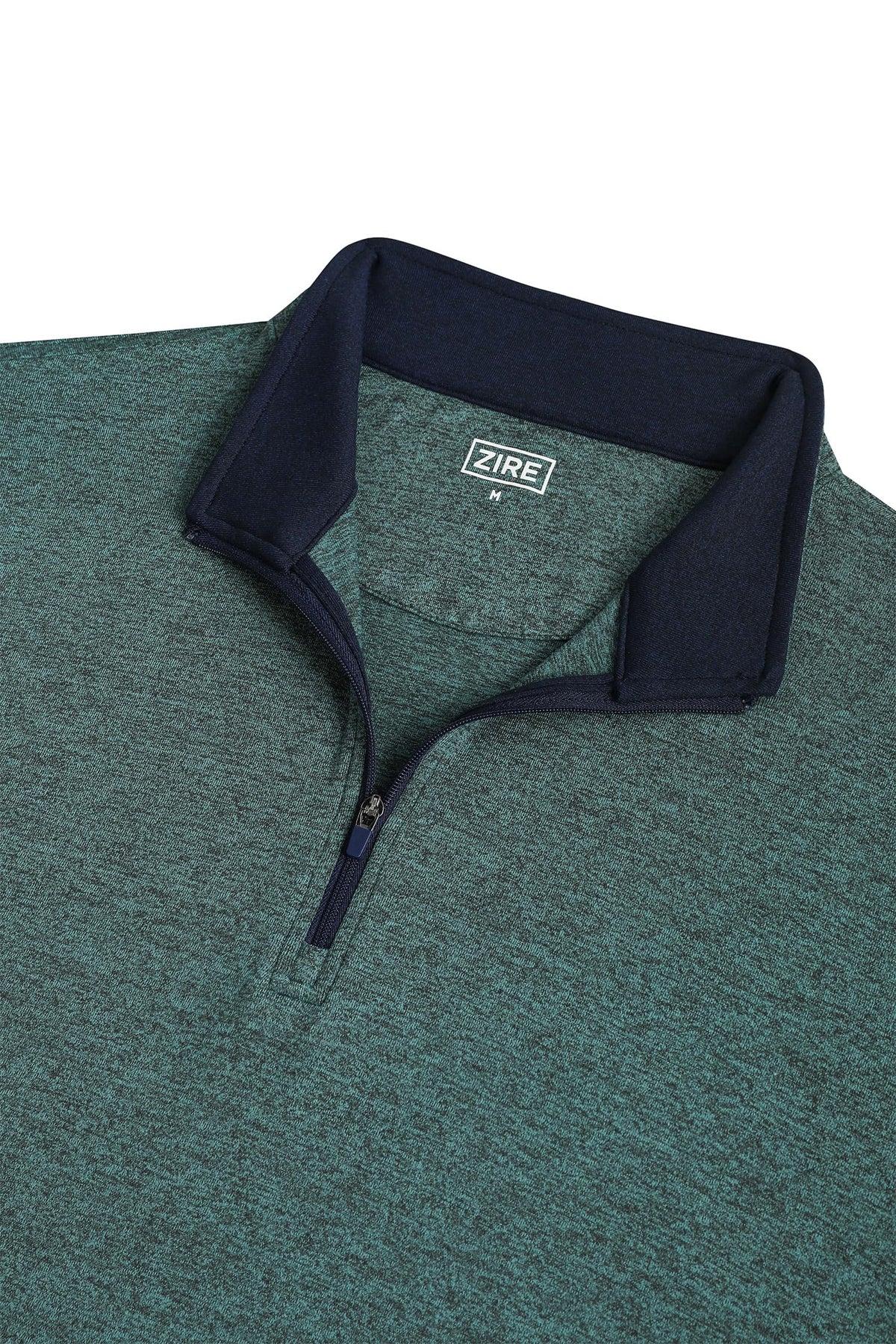 ZIRE Golf pullover back view in heather dark green demonstrating four-way stretch for full range of motion