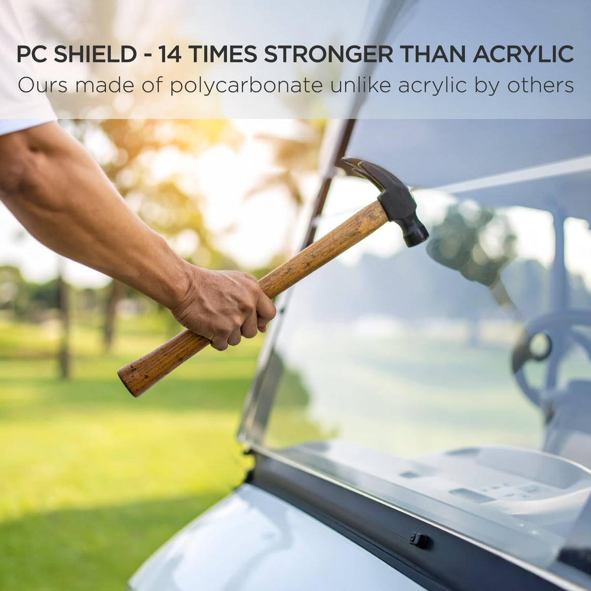 ZivPlay Ezgo windshield highlighting UV protection and high clarity